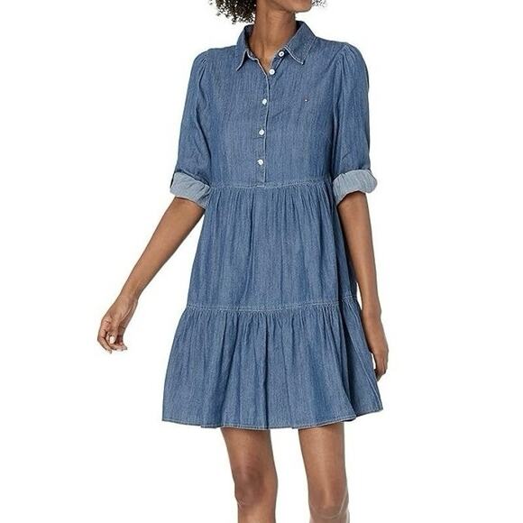 Tommy Hilfiger Womens Chambray Tiered Popover Shirtdress Midi Casual Flowy SZ 10 - Picture 1 of 10